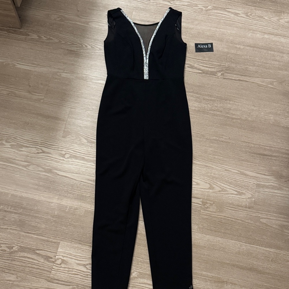 Black Sleeveless Jumpsuit with Silver Trim Accents